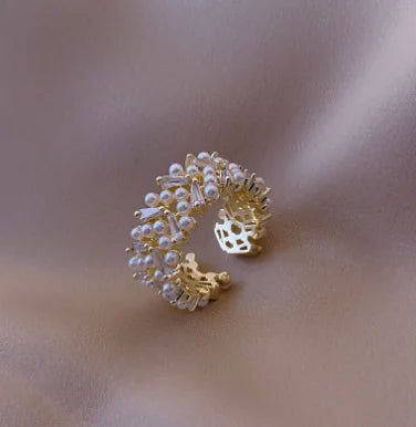 Pearl Crystal Elegance Ring - Leaf Zircon Design